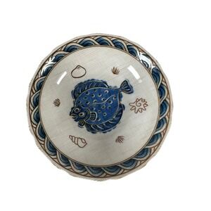 Quirky Fish Bowl Blue White Ceramic Flounder Sea Shell Coastal Decor 7" Dish